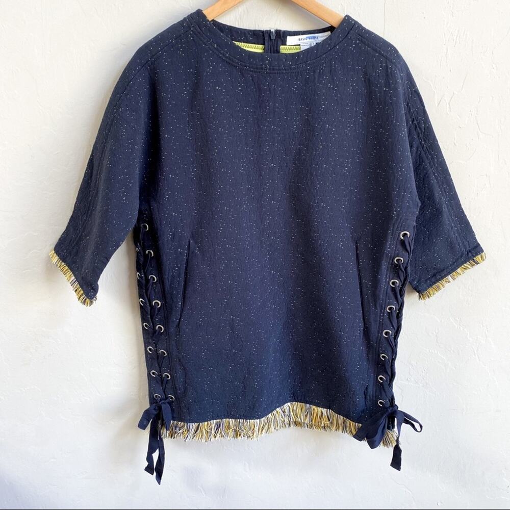 Basic House Navy Blue Earthy Fringe Trim Lace Up Top XS‎